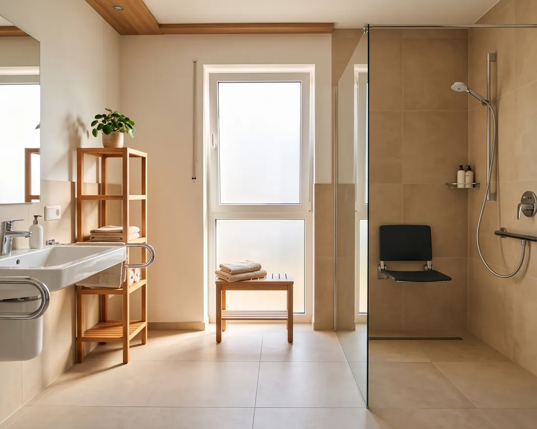 Barrierefreies Bad mit bodengleicher Dusche, Klappsitz und Haltegriffen