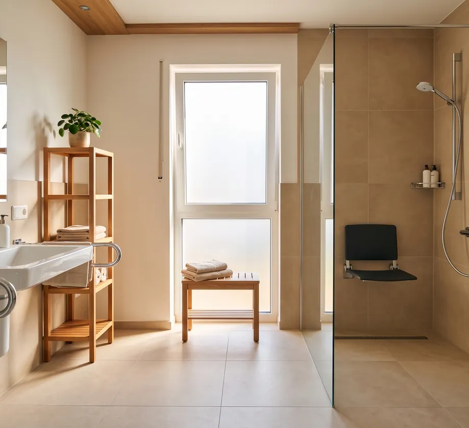 Barrierefreies Bad mit bodengleicher Dusche und Haltegriffen