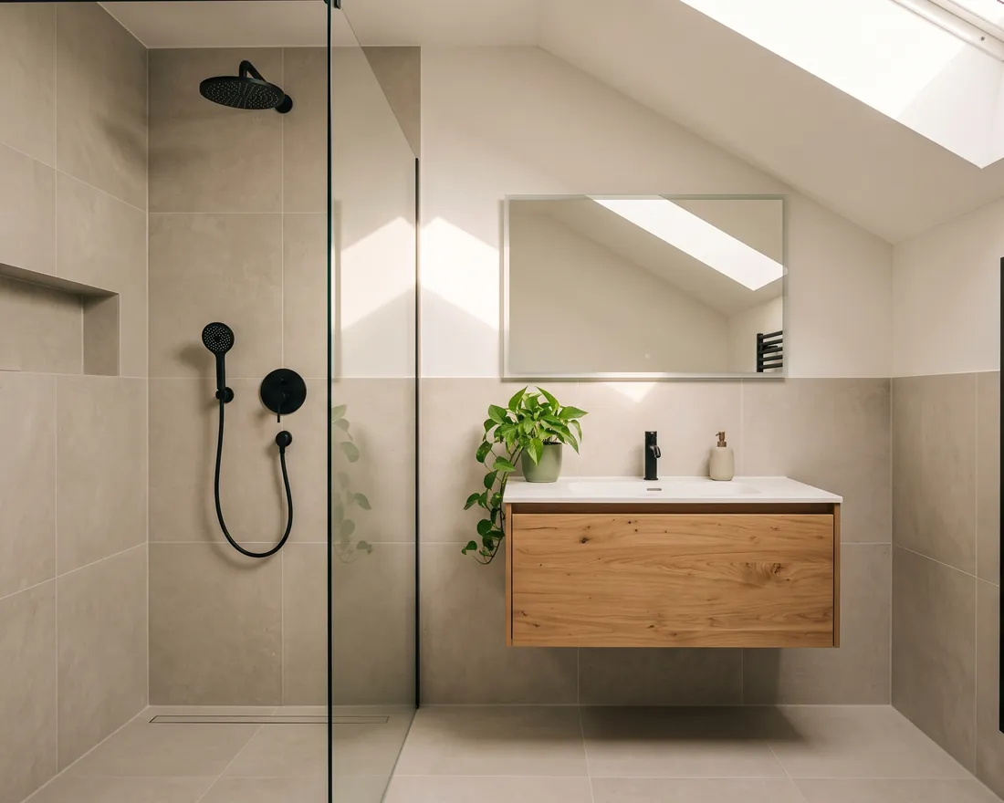 Modernes Bad mit bodengleicher Dusche und Waschtisch aus Eiche
