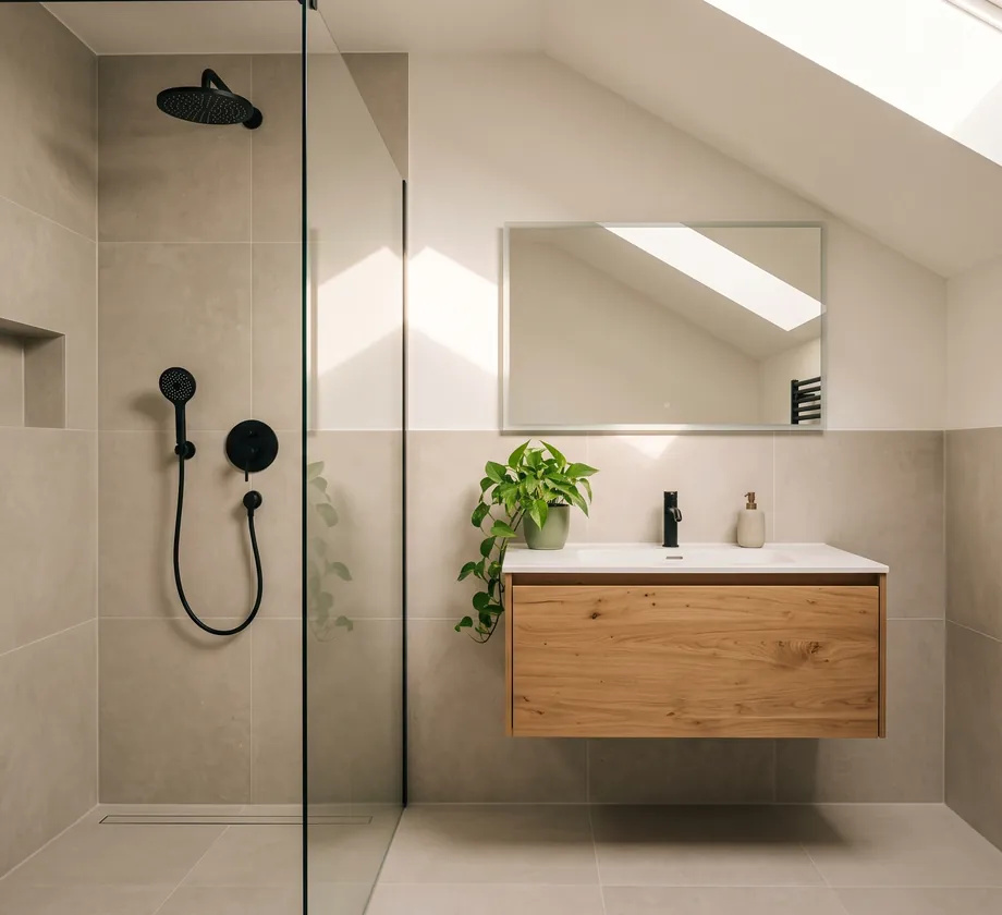 Modernes Bad mit bodengleicher Dusche und Waschtisch aus Eiche