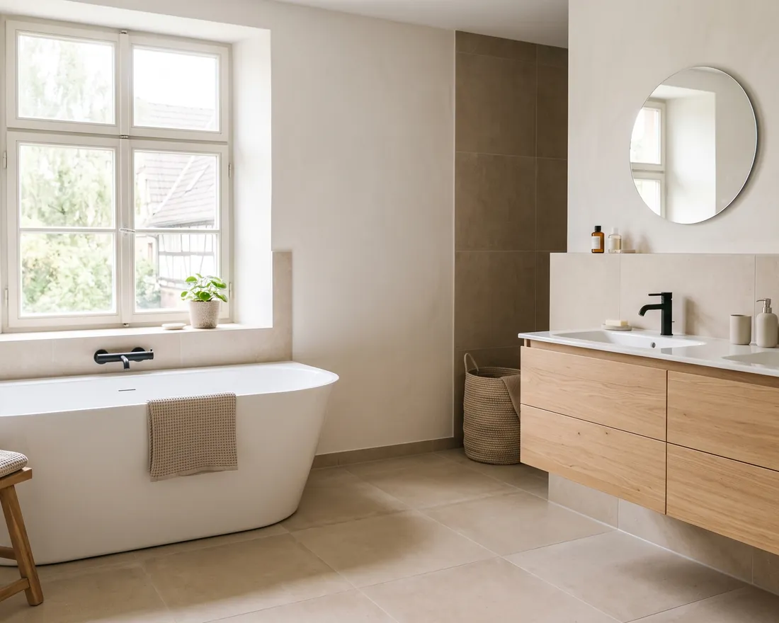 Badezimmer mit Doppelwaschtisch aus hellem Holz