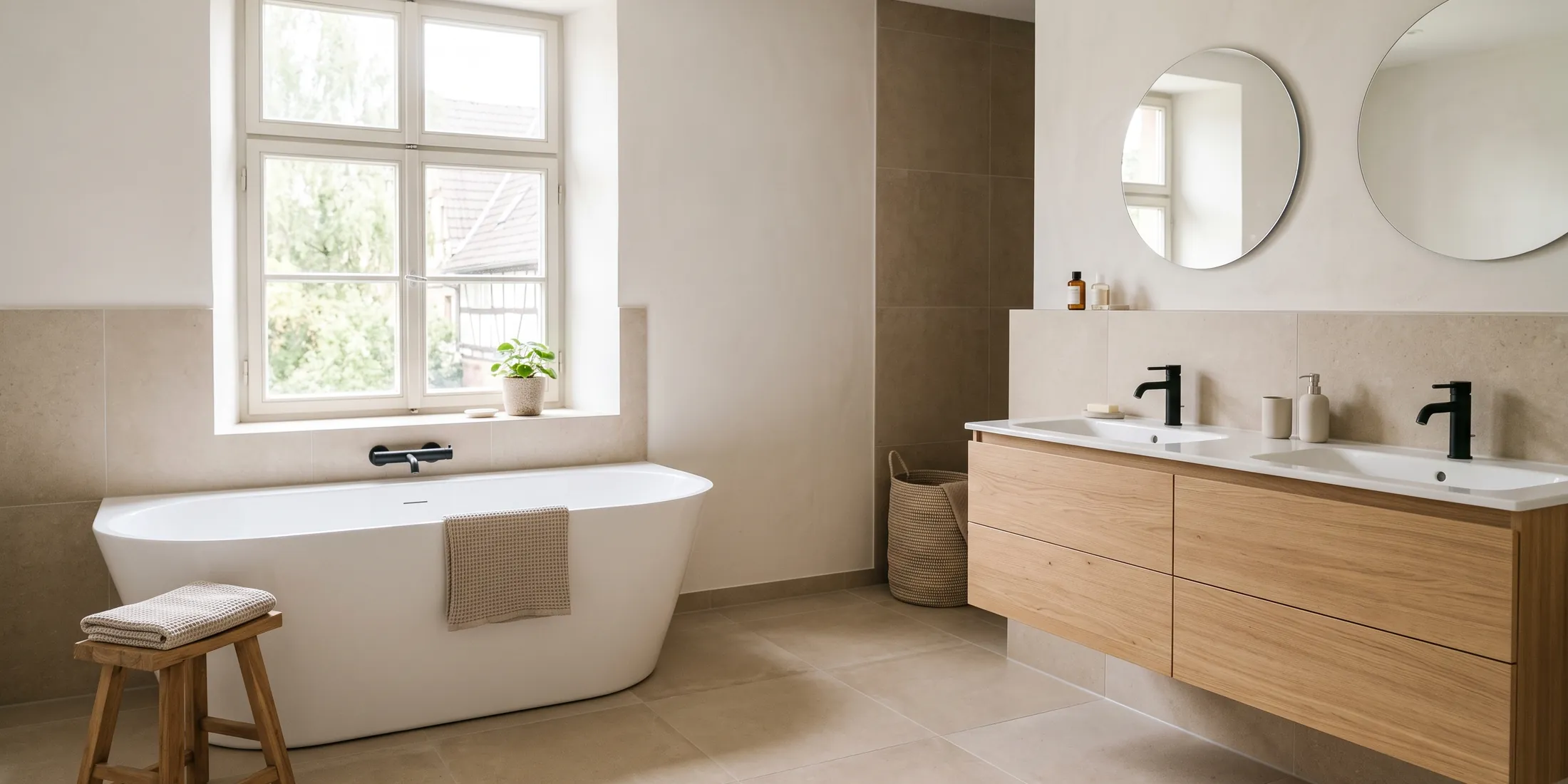 Helles Bad mit freistehender Badewanne am Fenster