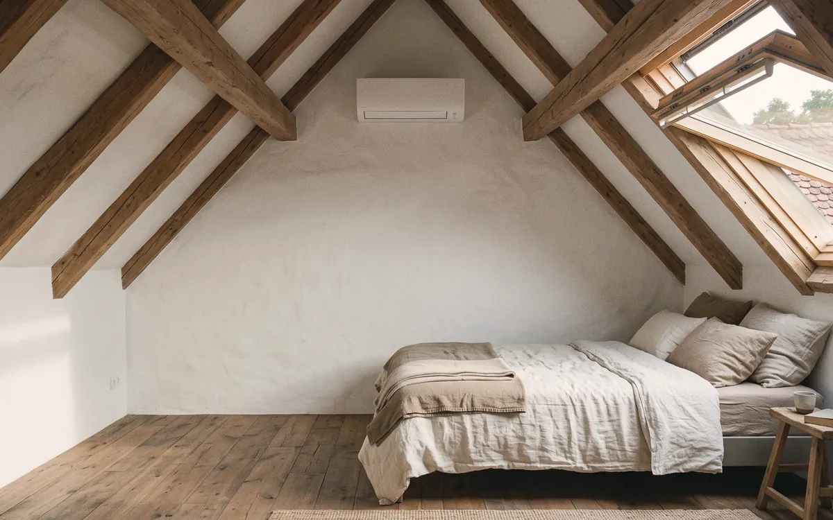 Renoviertes Dachzimmer mit Holzbalken und Klimagerät an der Giebelwand
