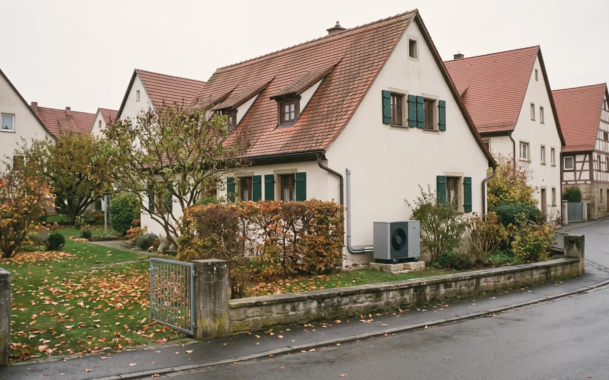 Renoviertes Wohnhaus in einer fränkischen Straße, Wärmepumpe neben dem Haus
