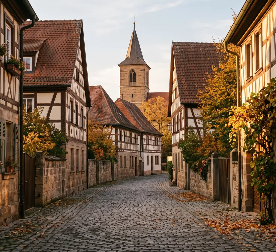 Gasse mit Fachwerk- und Sandsteinhäusern in Franken