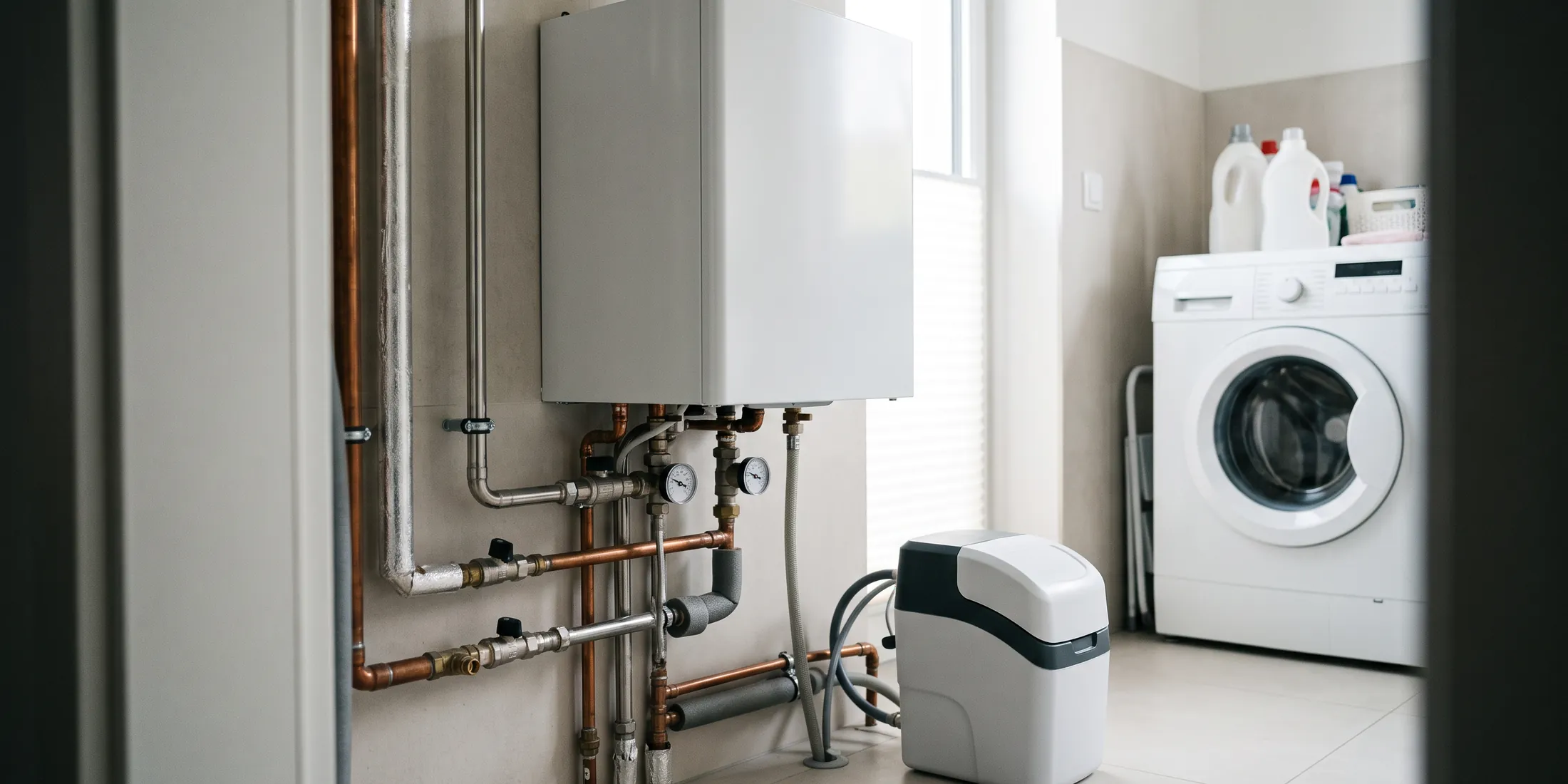 Neue Gas-Brennwerttherme mit Enthärtungsanlage im Hauswirtschaftsraum