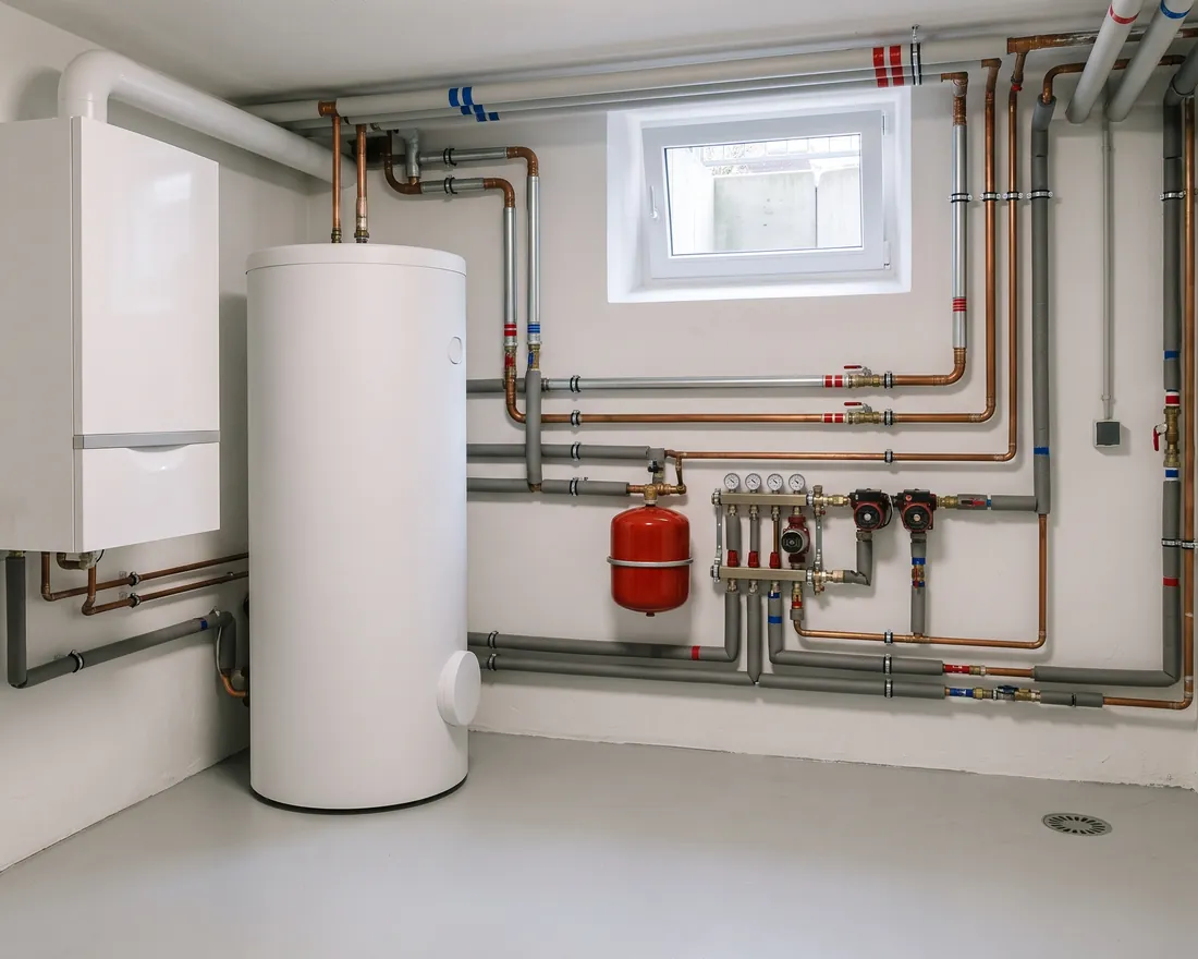 Heizraum mit Wärmepumpen-Inneneinheit und Pufferspeicher