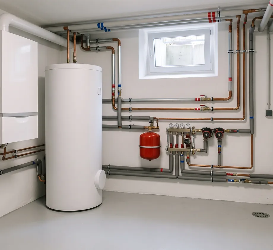 Heizraum mit Wärmepumpen-Inneneinheit und Pufferspeicher