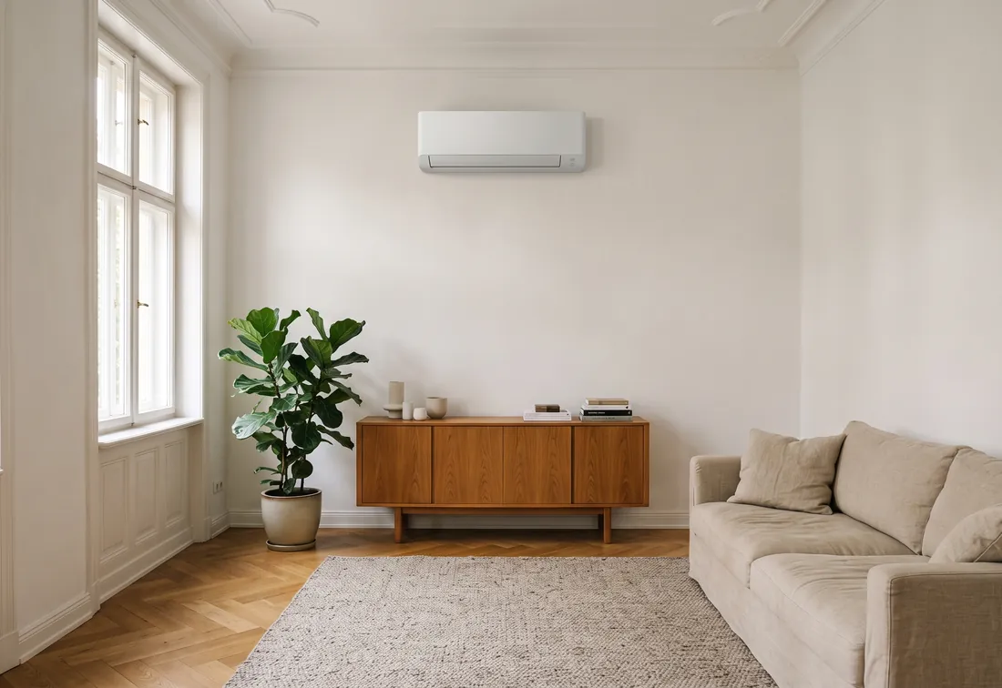 Helles Wohnzimmer im Sommer mit Split-Klimagerät