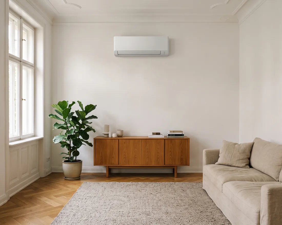 Wohnzimmer mit Klimagerät an der Wand