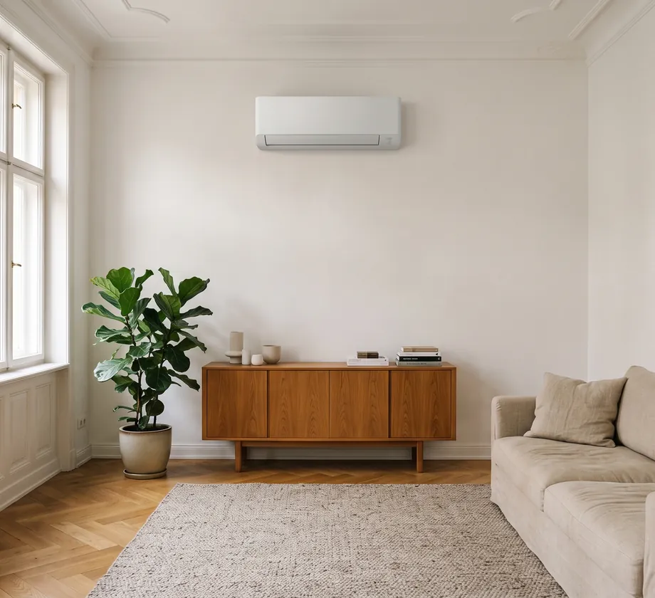 Wohnzimmer mit Split-Klimagerät an der Wand