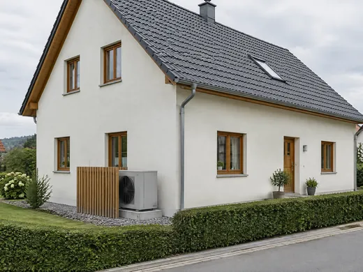Renoviertes Wohnhaus in Franken, Wärmepumpe hinter einer Holzlamellenwand