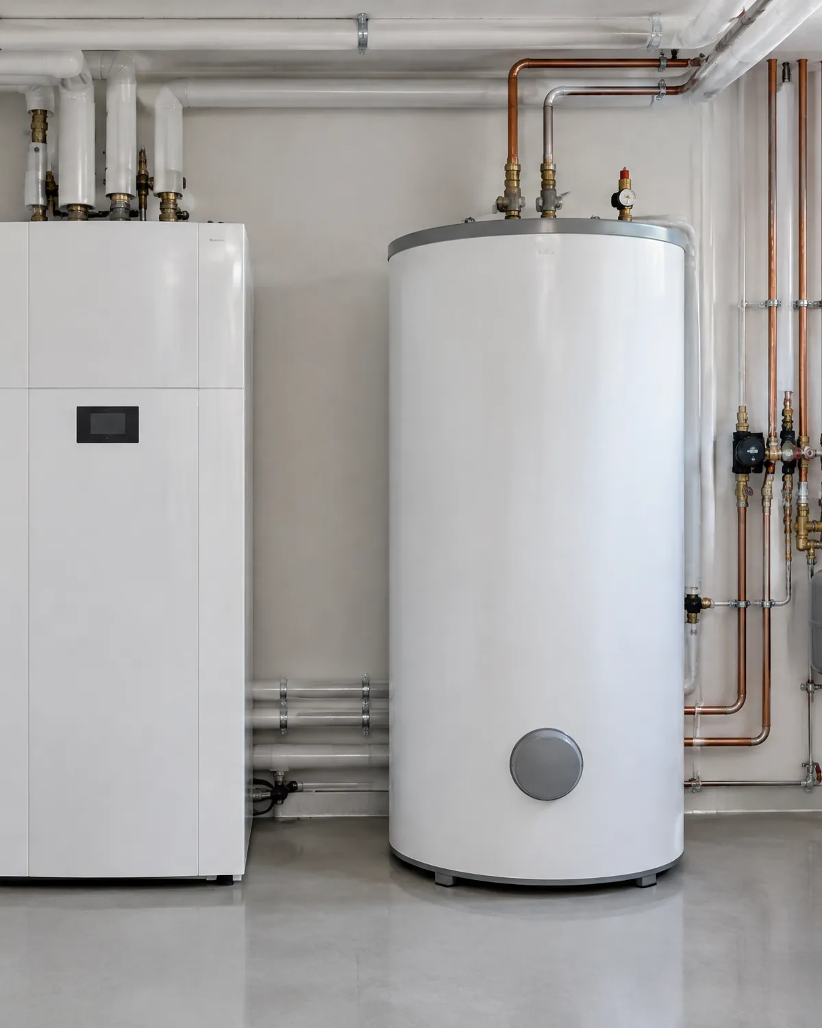 Aufgeräumter Technikraum mit Wärmepumpe, Speicher und sauber geführten Leitungen