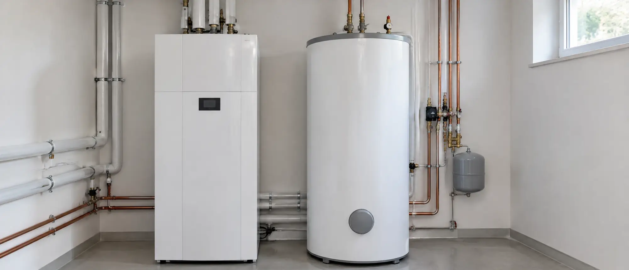 Aufgeräumter Technikraum mit Wärmepumpe, Speicher und sauber geführten Leitungen