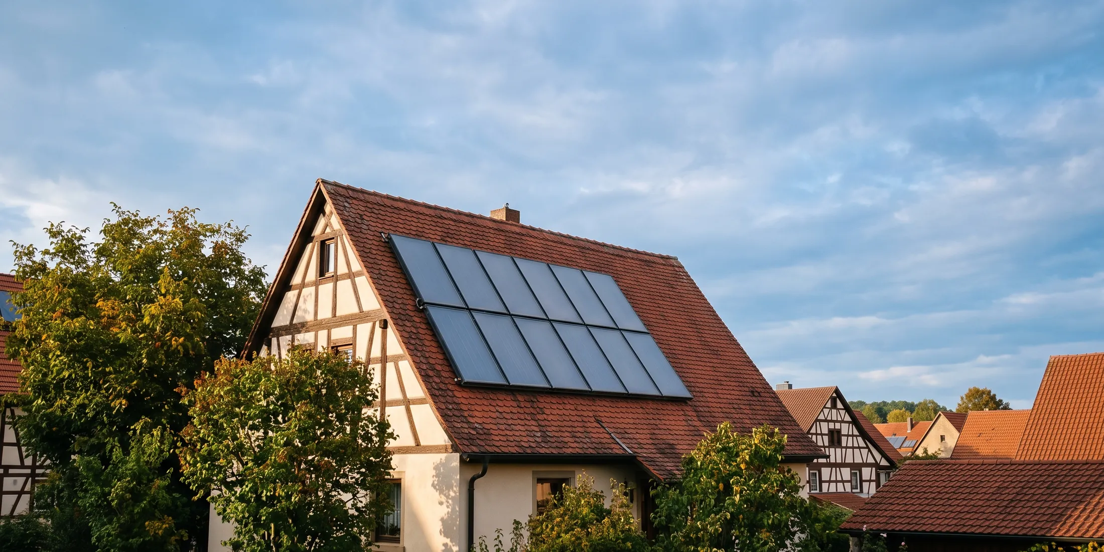 Solarthermie-Kollektoren auf einem roten Ziegeldach