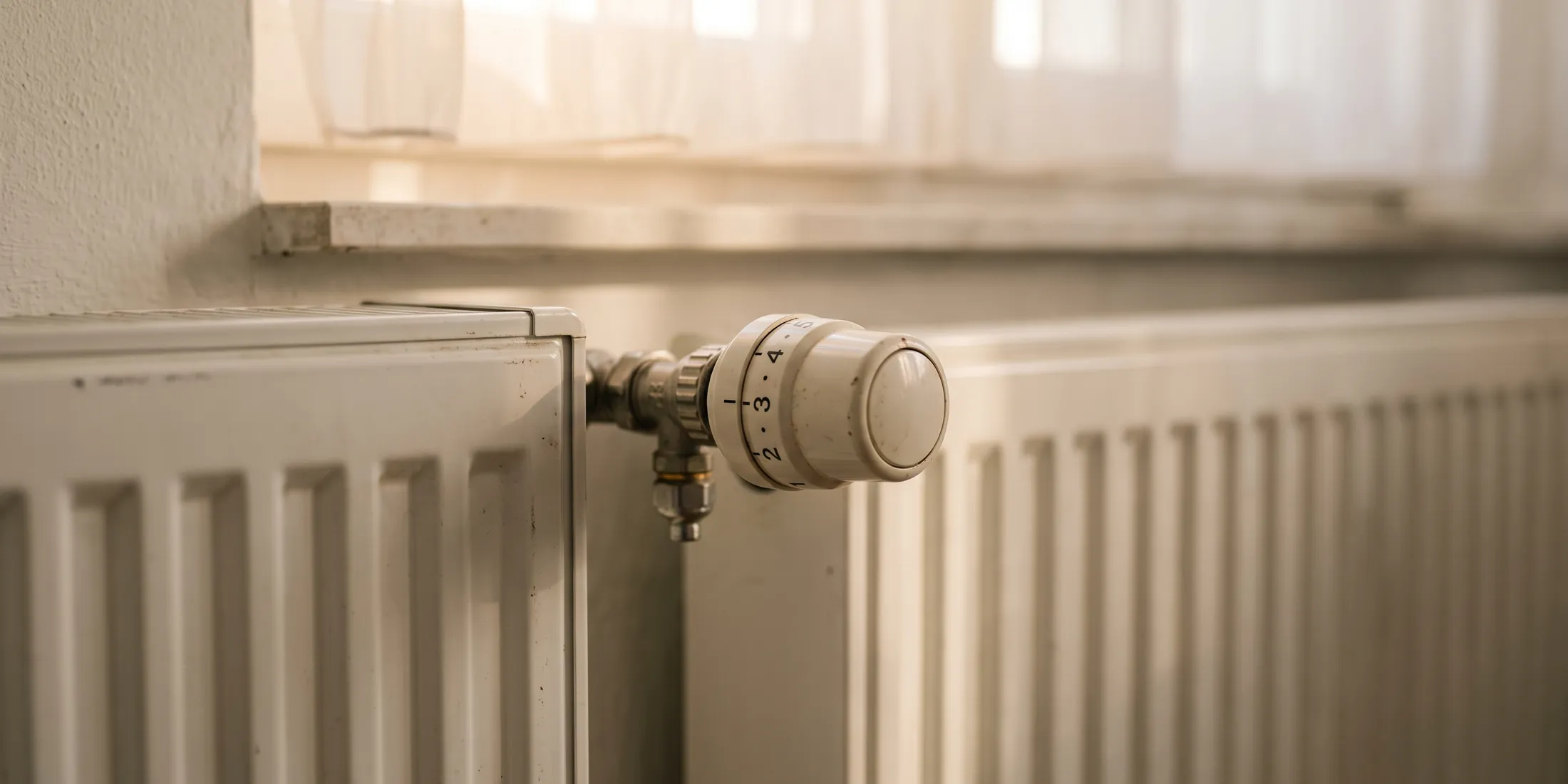 Thermostatkopf an einem Heizkörper im Morgenlicht
