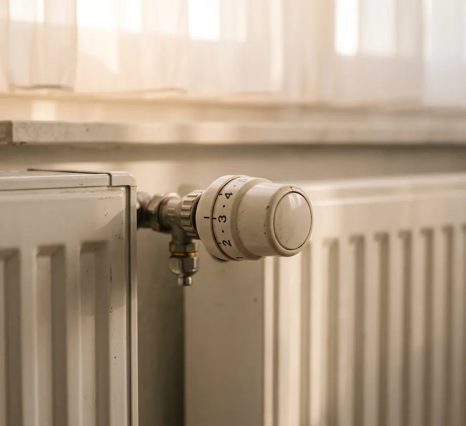 Thermostat an einem Heizkörper im Morgenlicht