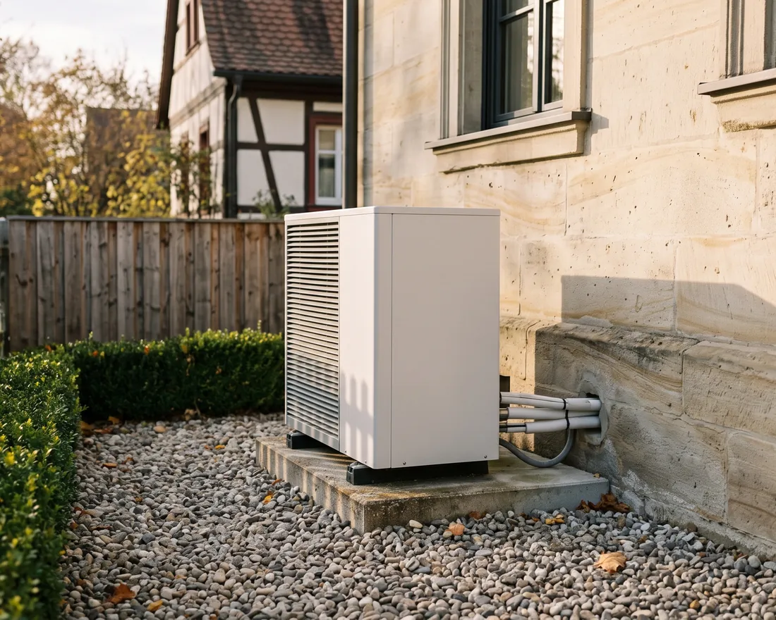 Wärmepumpe neben einer Sandsteinfassade