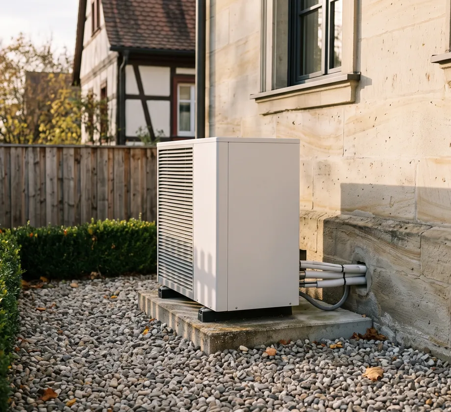 Wärmepumpe neben einer Sandsteinfassade