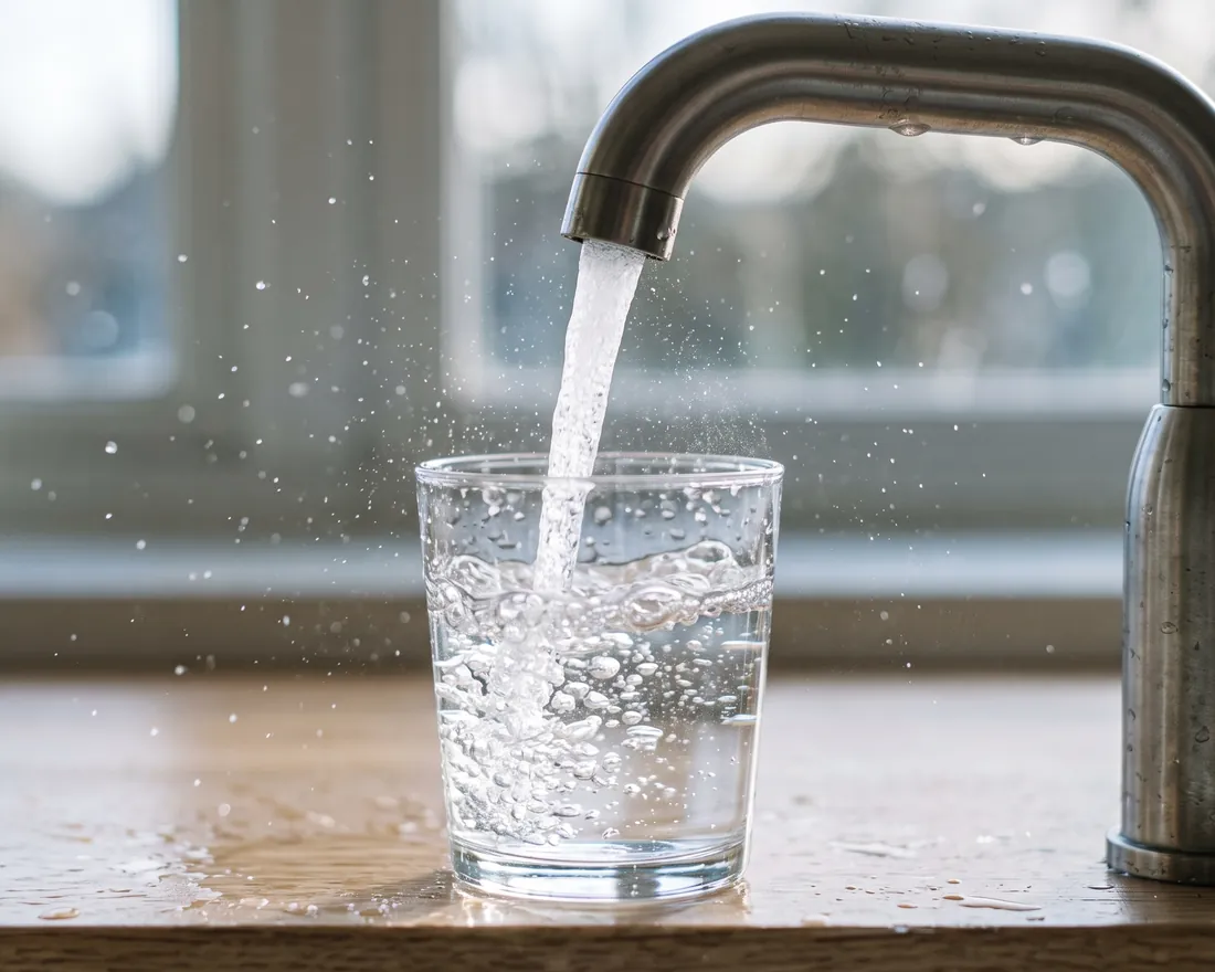 Wasserglas wird am Küchenhahn gefüllt