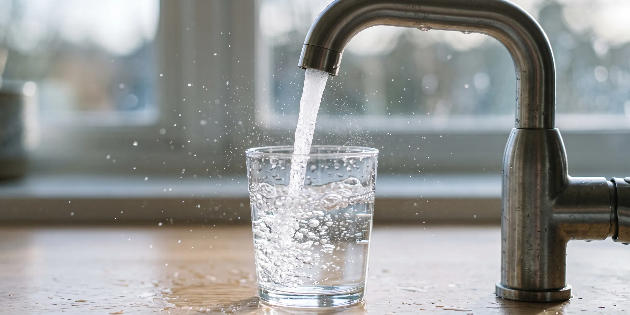Wasserglas wird am Küchenhahn gefüllt