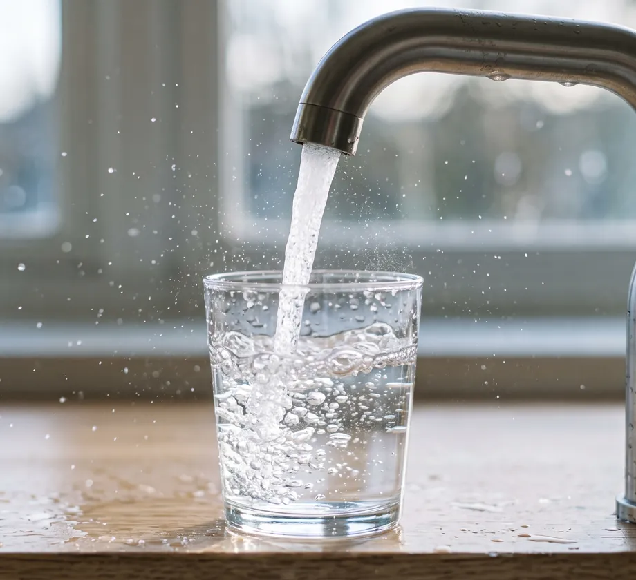 Wasserglas wird am Küchenhahn gefüllt