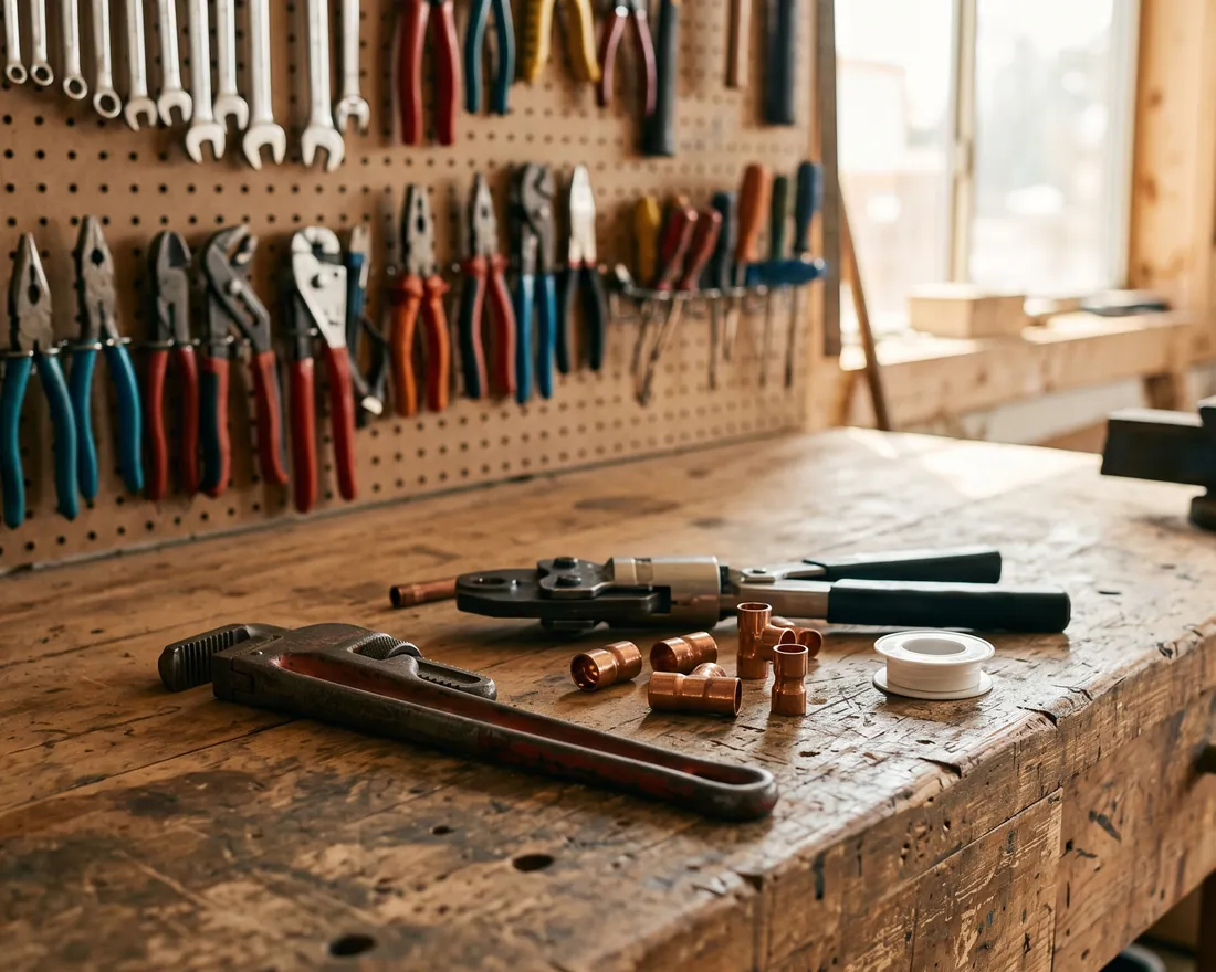 Werkbank mit Rohrzange, Presszange und Kupferfittings