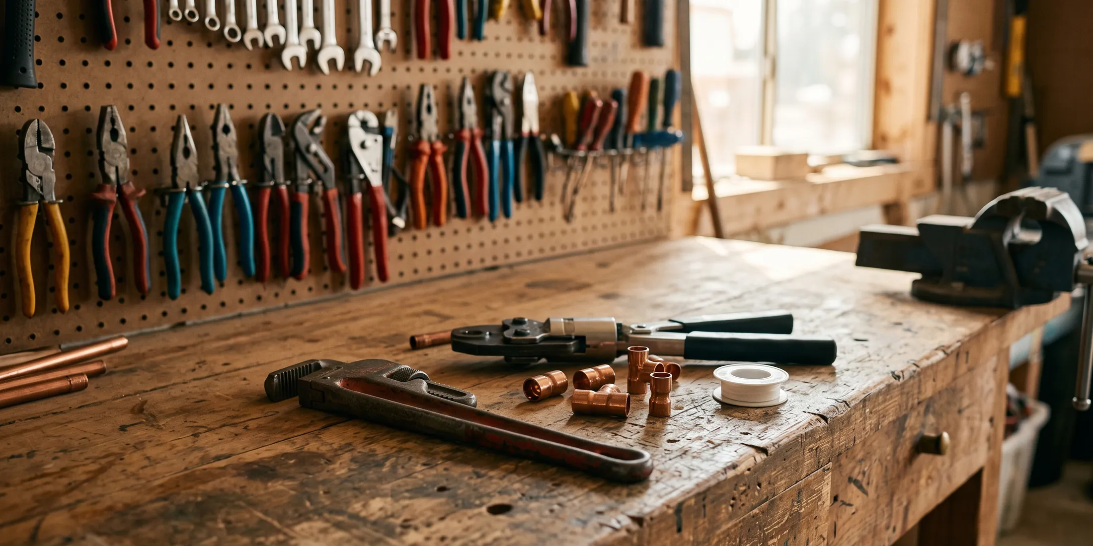Werkbank mit Rohrzange, Presszange und Kupferfittings