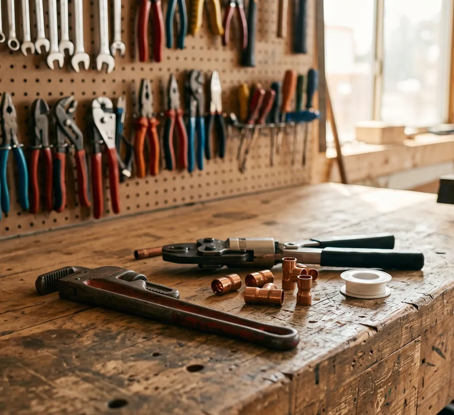 Werkbank mit Rohrzange und Kupferfittings