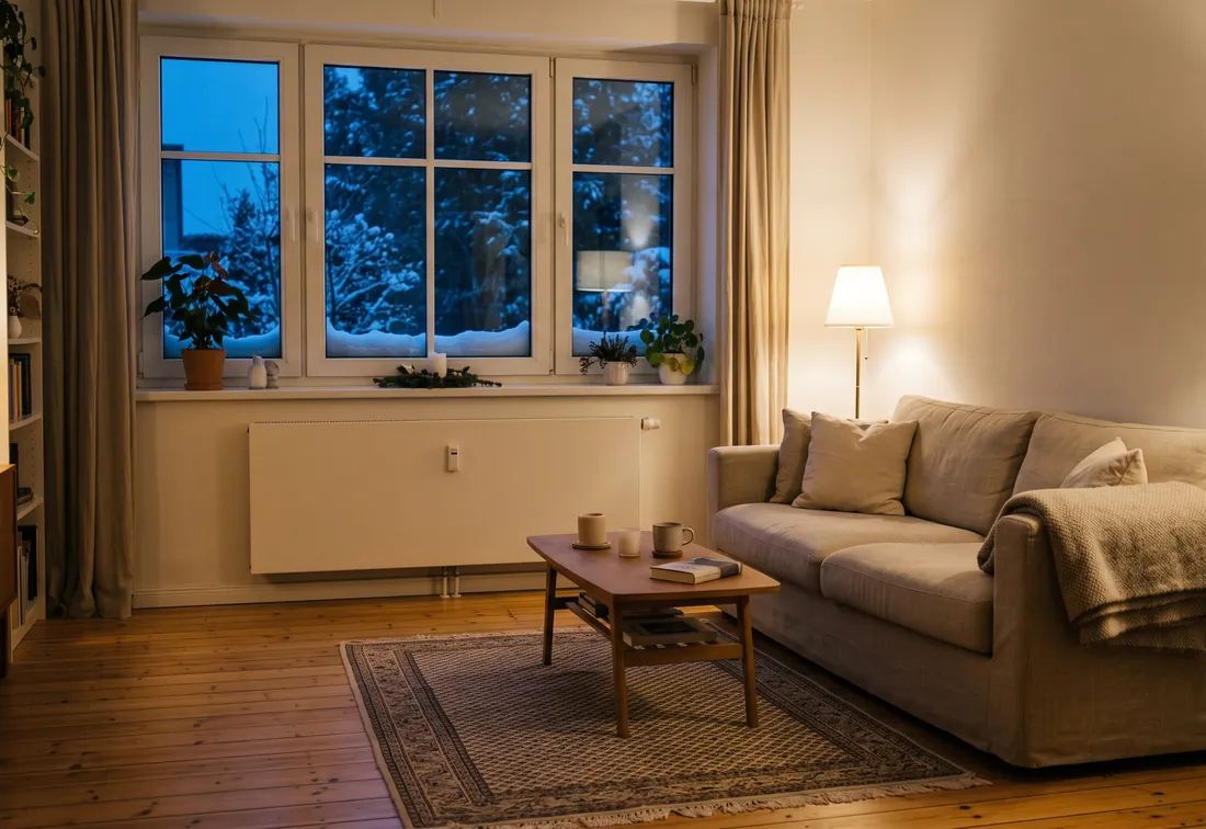 Wohnzimmer an einem Winterabend mit warmem Licht