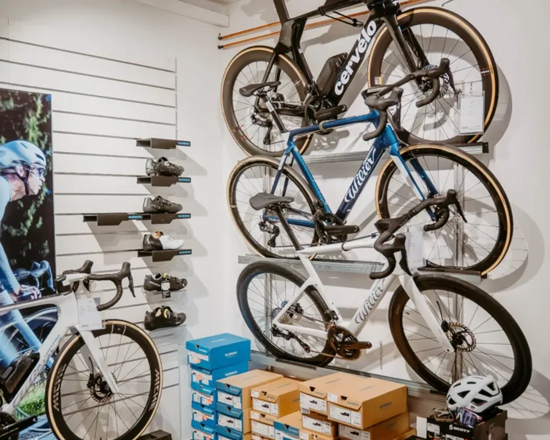 Wilier-Rennräder an der Wand im Laden